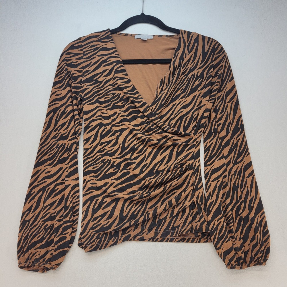 Pure Collection Blouse Womens 4 Brown Animal Print Ruched Balloon Sleeve V-Neck